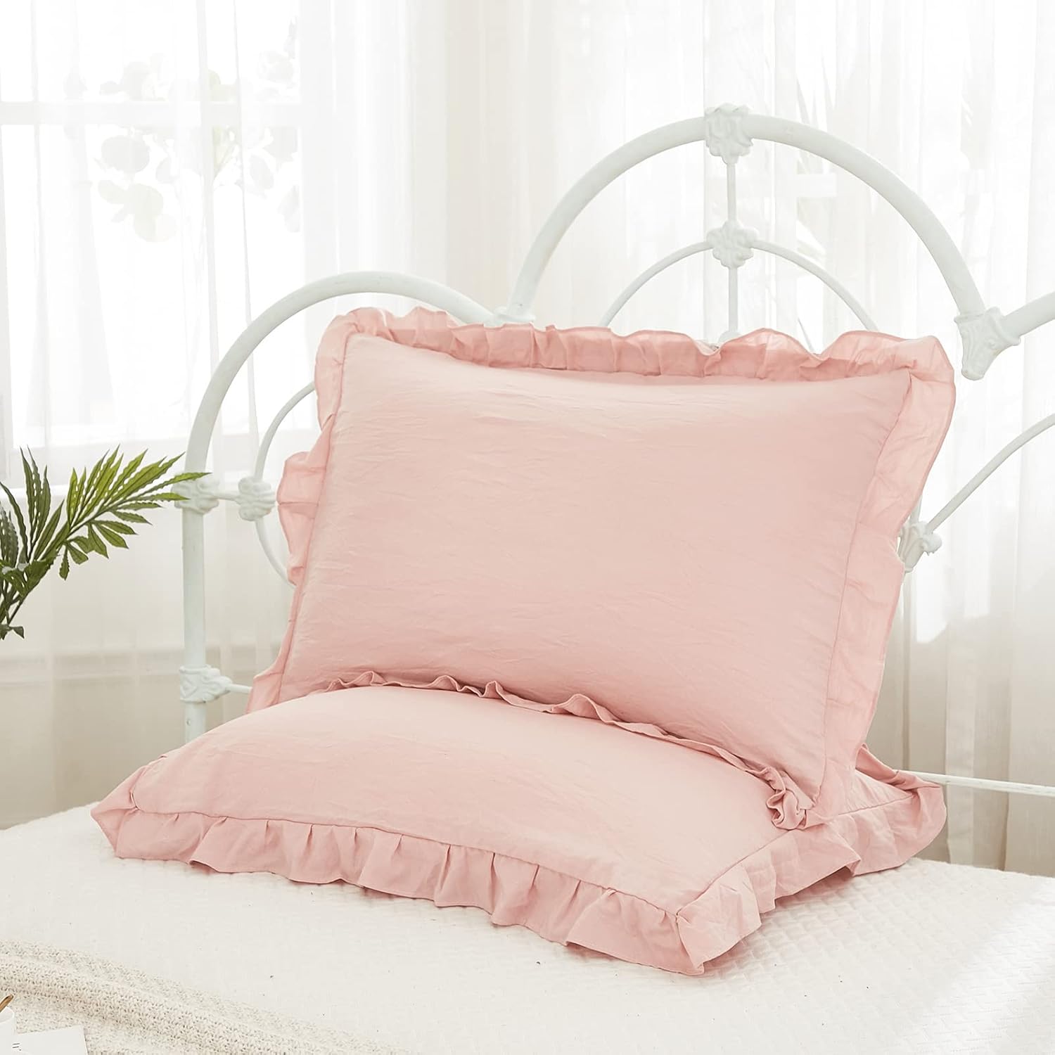 Merryword Pink Pillow Shams Baby Pink Ruffle Standard Pillowcases Cute Pillow Cover Set of 2 Shabby Chic Soft Microfiber Pillowcases 2 Pack…