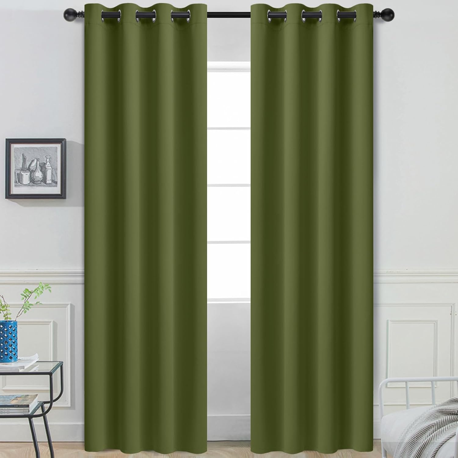 Yakamok Olive Green Curtains 84 Inches Length Blackout Curtain for Bedroom-Green Room Darkening Thermal Insulated Grommet Drapes for…