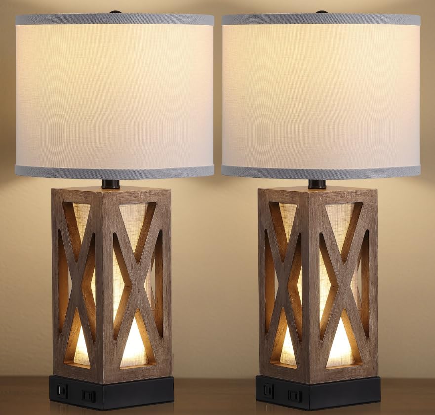 Set of 2 Wood Table Lamp with 3 Color Temperatures, Nightstand Table Lamp with AC Outlet, USB A & C Charging Port, Bedside Lamps for…