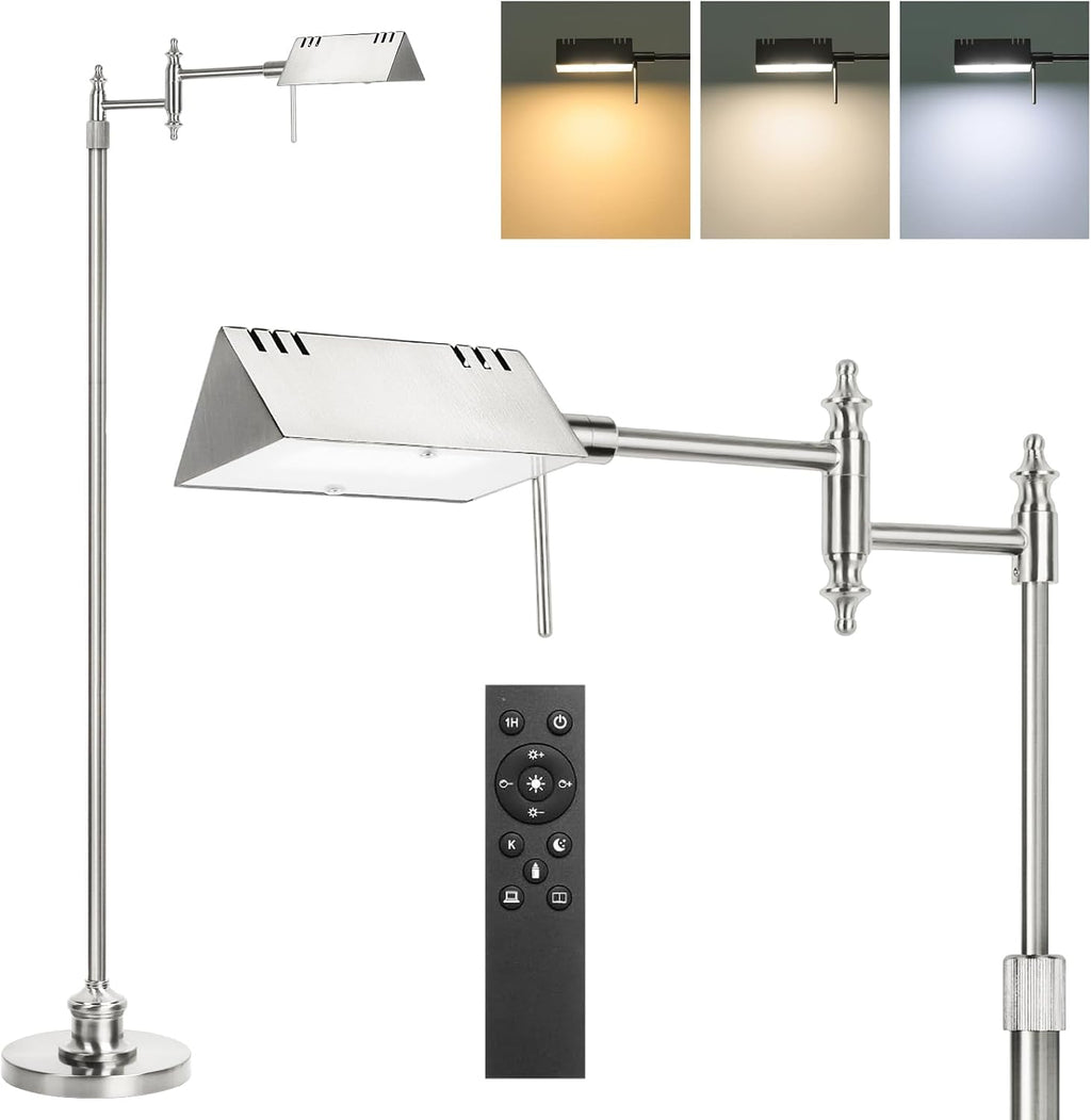 Dimmable Pharmacy Floor Lamp with Remote, 17W LED Reading Floor Lamp with 360°Swing Arm, 3 Color Temperature, Height Adjustable Silver…