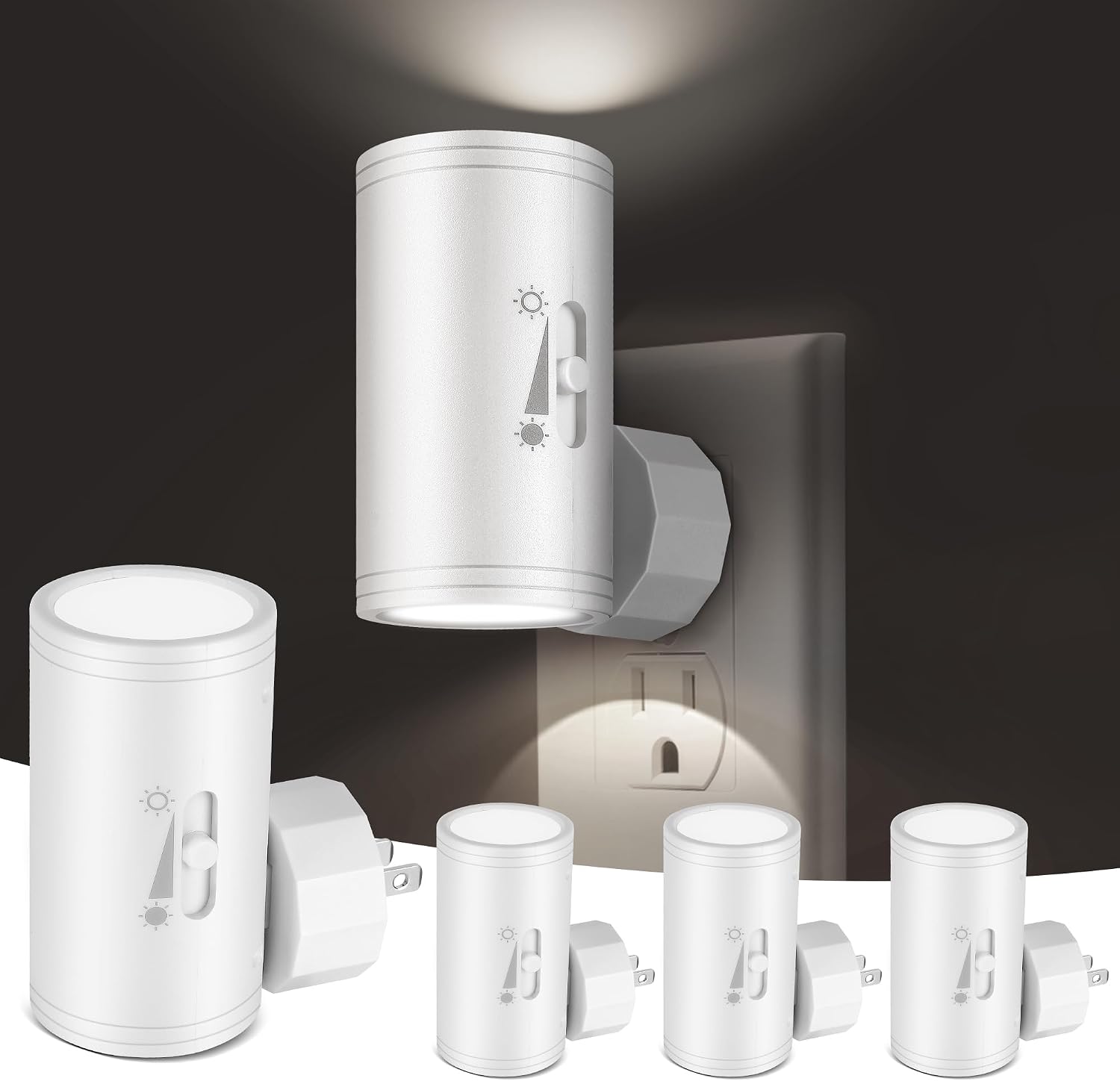 4 Pack LED Wall Plug-in Night Light with Dusk to Dawn Sensor, 5000K Daylight White, Dimmable 0-300LM, Adjustable Rotating Lamp for…