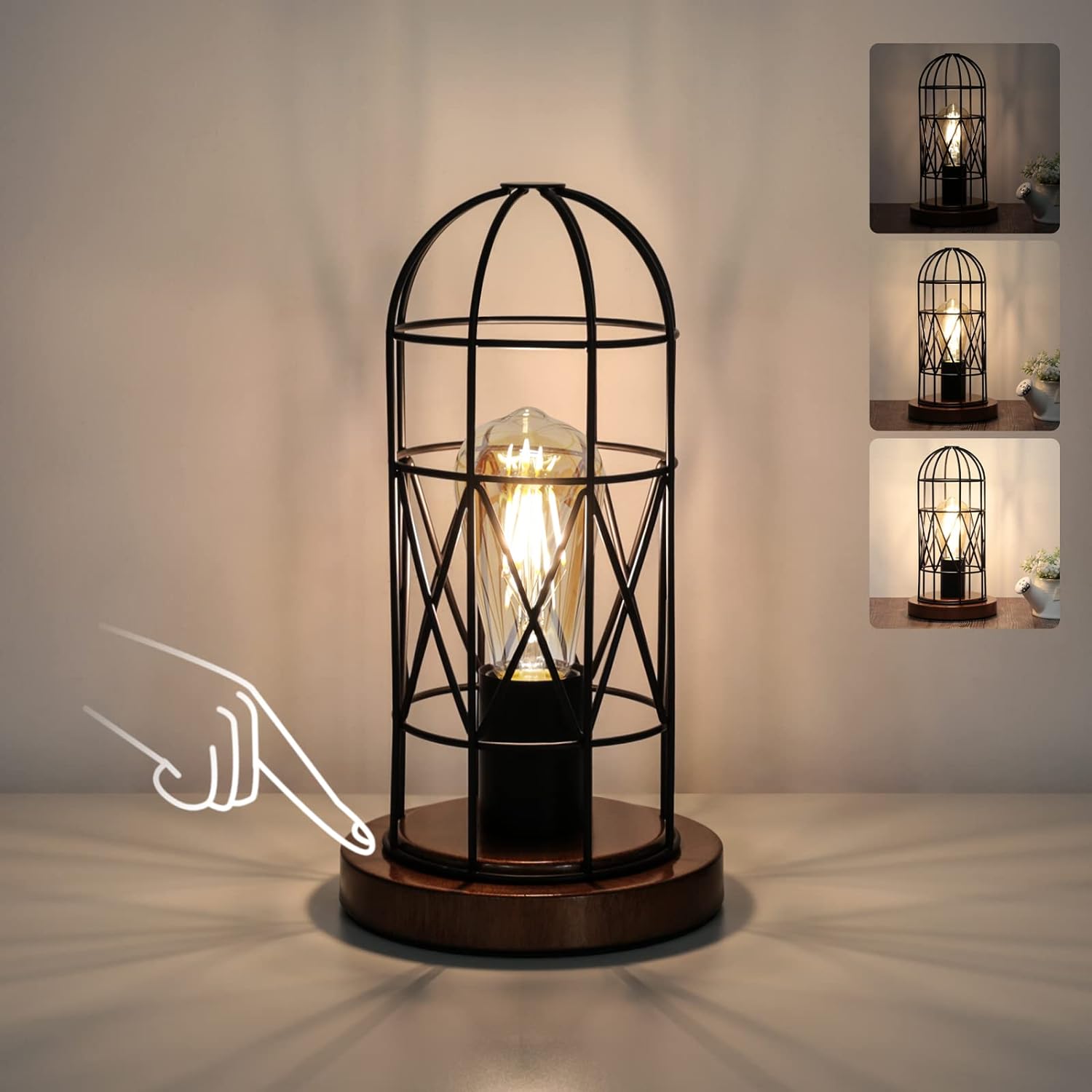 Touch Control Table Lamp, Industrial Bedside Lamp with 3 Way Dimmable, Small Nightstand Vintage Metal Cage Desk Lamps, Steampunk Table…
