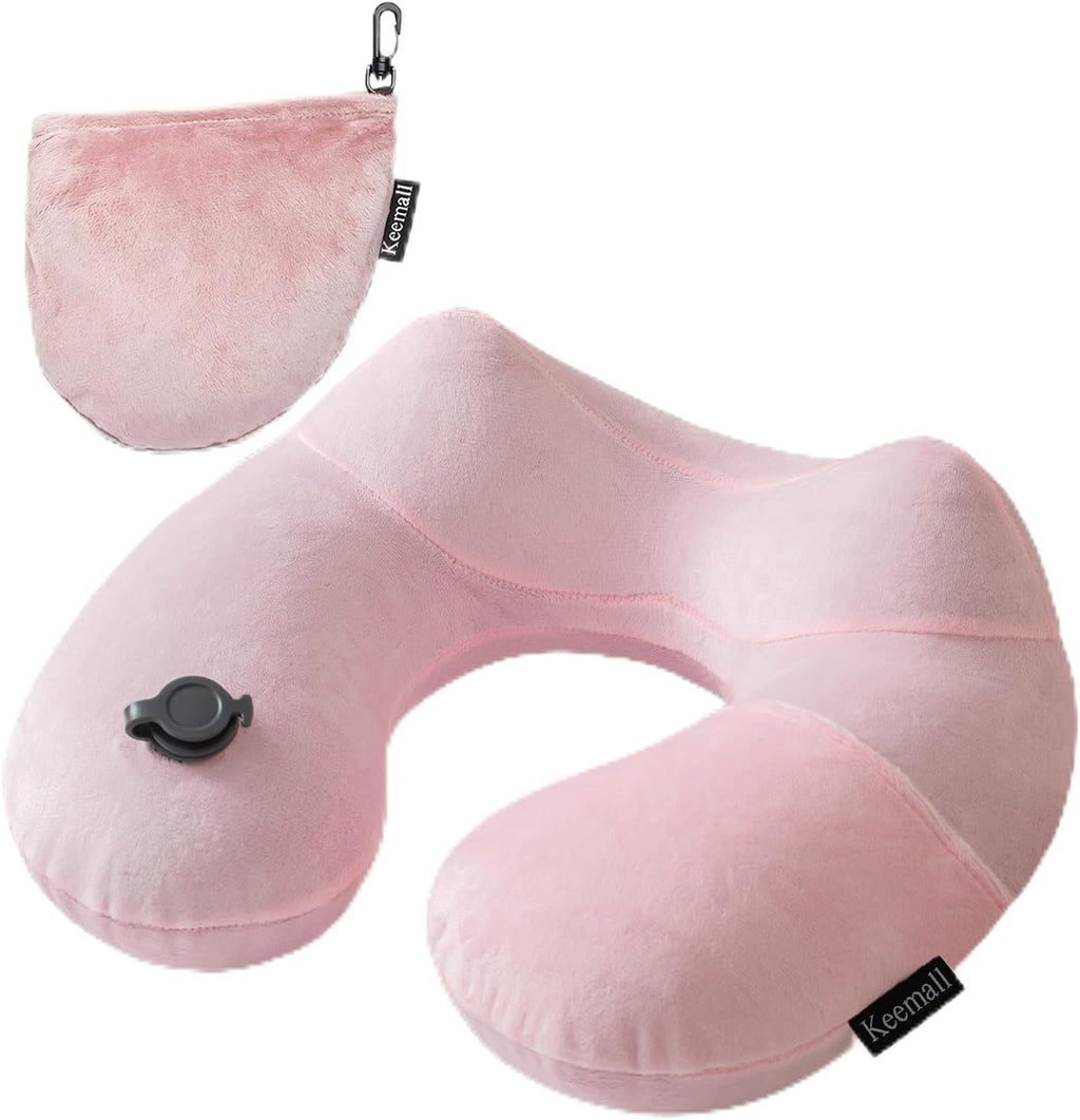 Keemall Inflatable Travel Pillow, Premium Soft Pink Velvet Neck Pillow, Washable Lightweight Portable Travel Essentials for Flight Road…