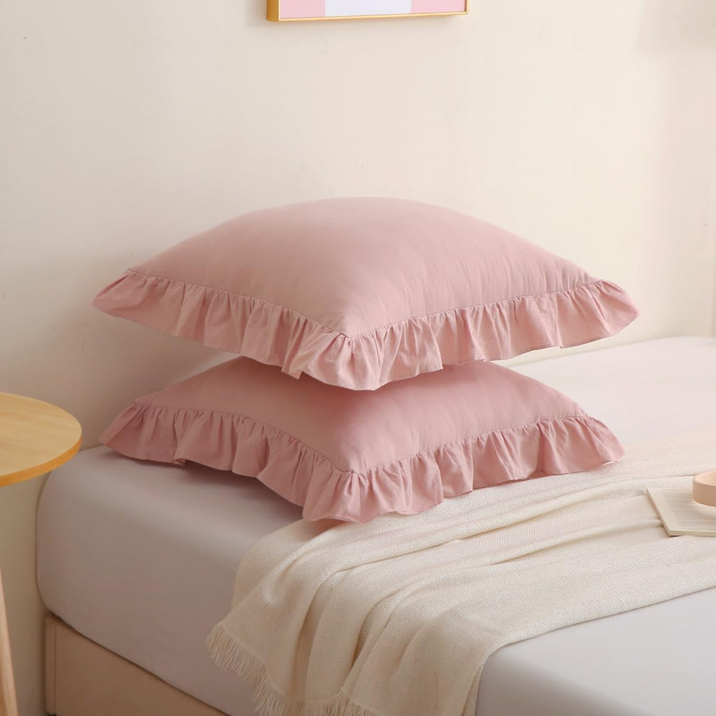 Silnuo 2 Pack Dusty Pink Ruffled Throw Pillow Covers Washed Cotton Farmhouse Decorative Pillowcases Bed Pillow Shams 20"x20" 2 Pack Cotton…