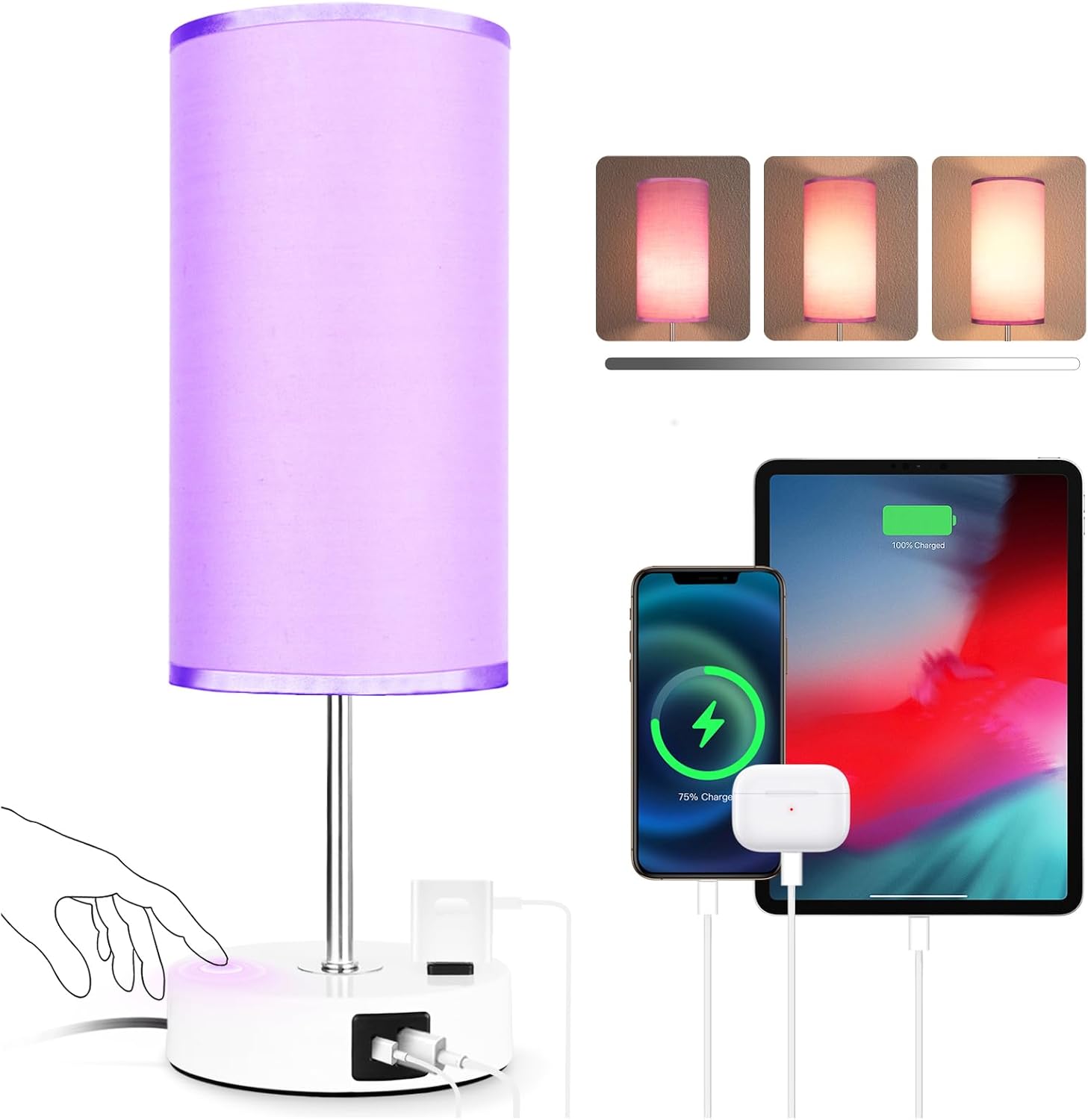 Bedside Table Lamp with USB Port - Touch Desk Lamp for Bedroom, 3 Way Dimmable Small Nightstand Lamp for Living Room, Bedroom Lamps for…