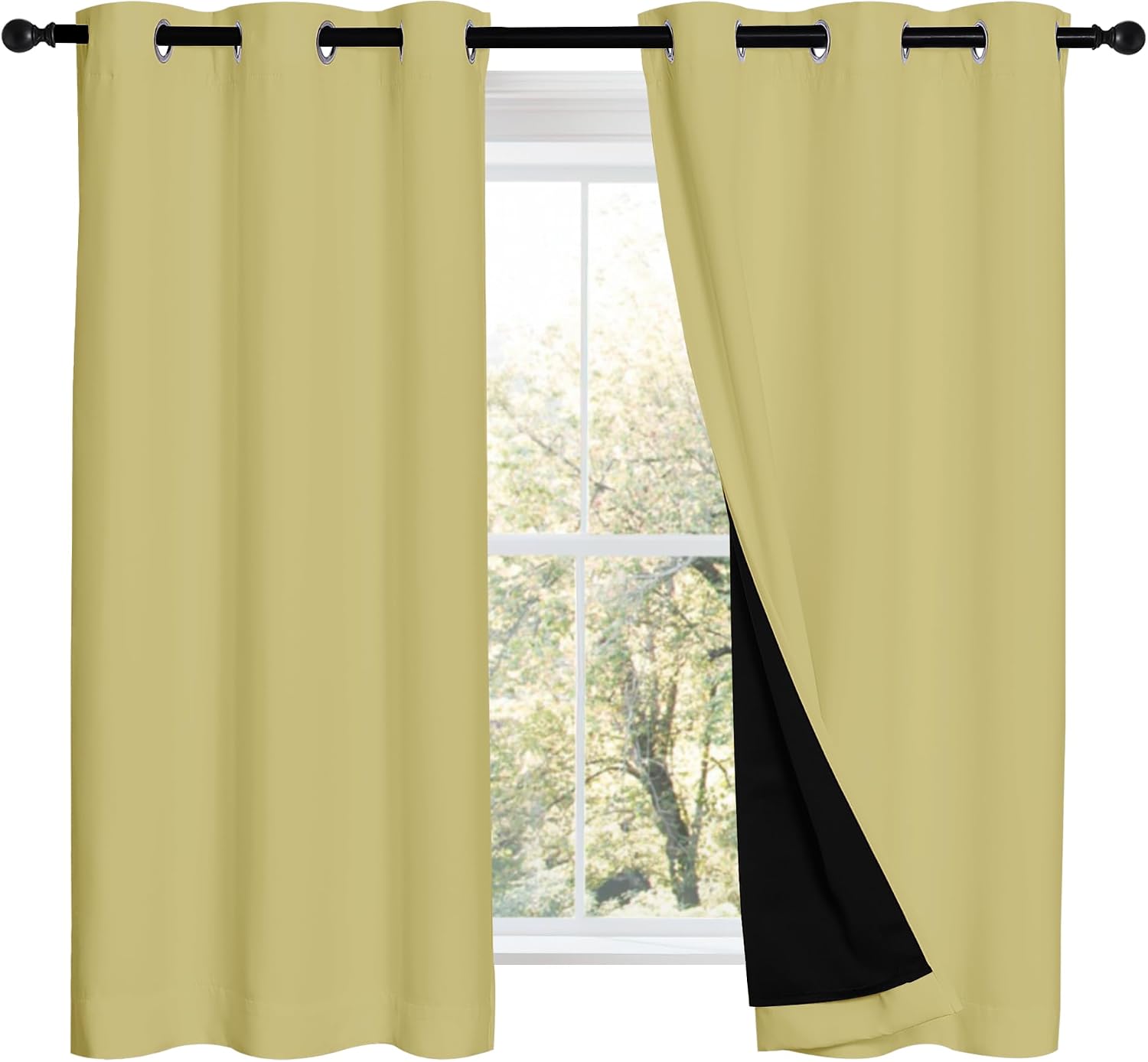 Nicetown Paler Yellow 100% Blackout Curtains 2 Panels with Black Liners, Thermal Insulated Full Blackout 2-Layer Lined Drapes, Noise Cancel…