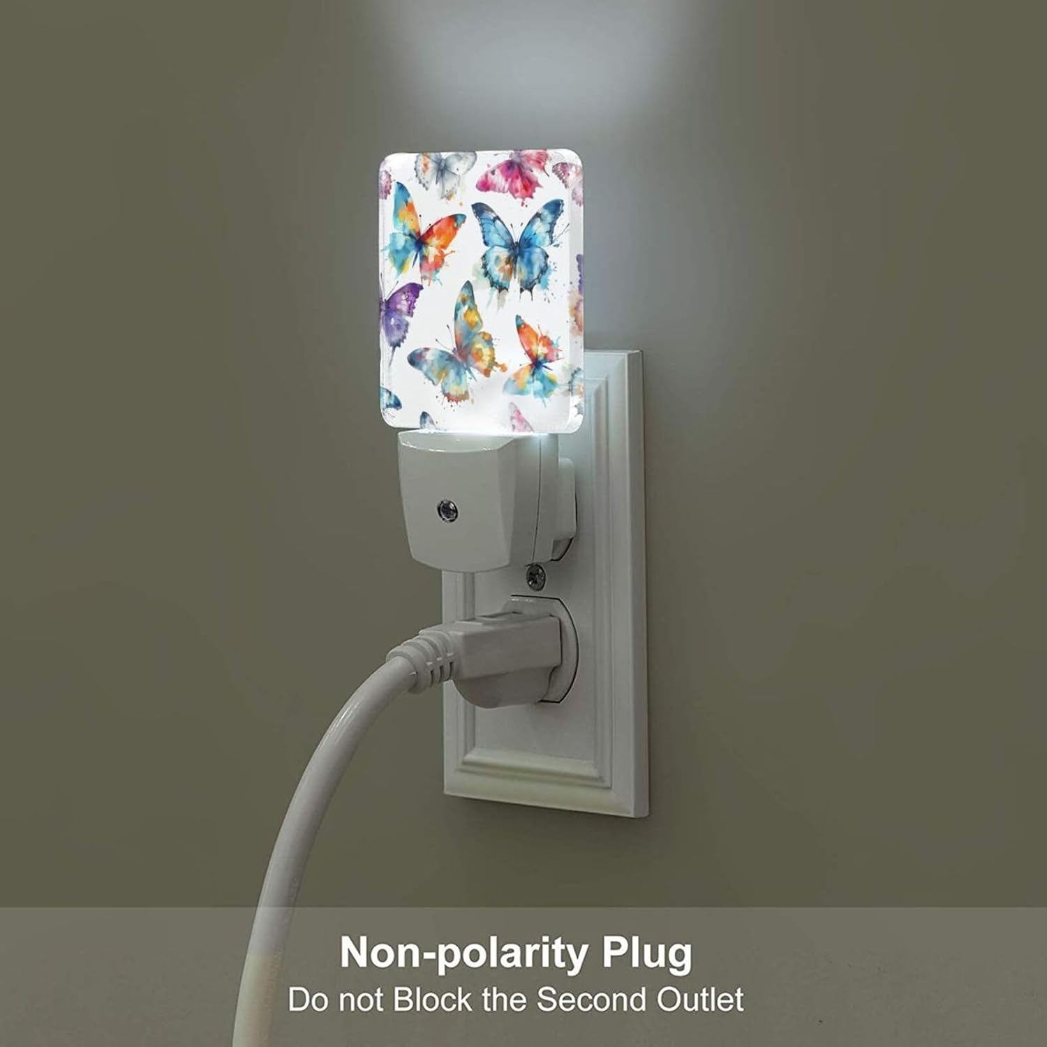 Watercolor Butterflies Night Light, Plug Into Wall for Boys Girls Bedroom Decorative Square Night Light Lamp 0.5w Sleep Friendly