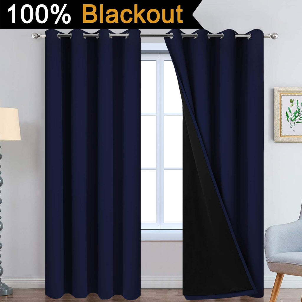 Yakamok Navy Blue 100% Blackout Curtains Energy Saving Thermal Insulated 2 Thick Layers Completely Blackout Drapes with Black Liner for Bed…