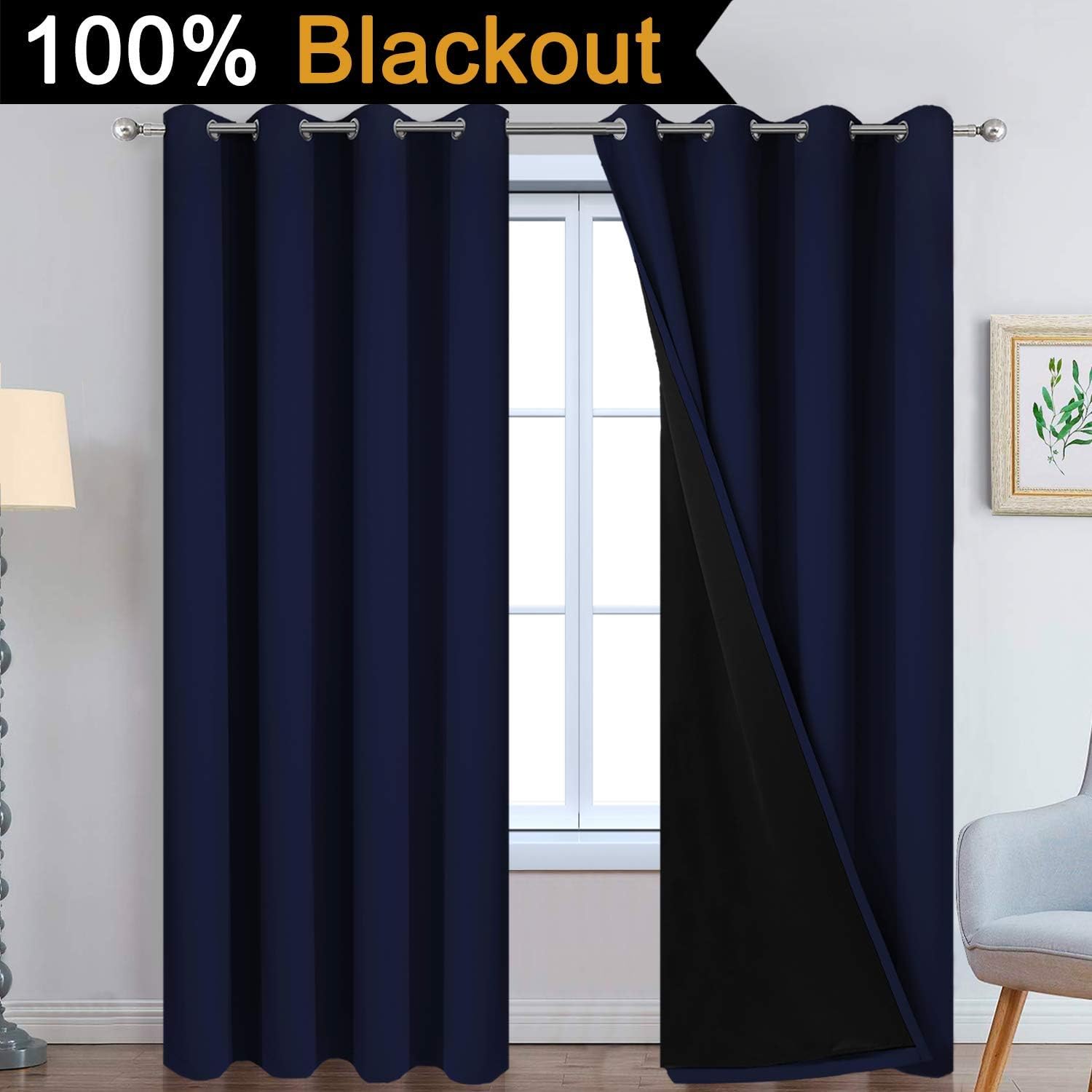 Yakamok Navy Blue 100% Blackout Curtains Energy Saving Thermal Insulated 2 Thick Layers Completely Blackout Drapes with Black Liner for Bed…
