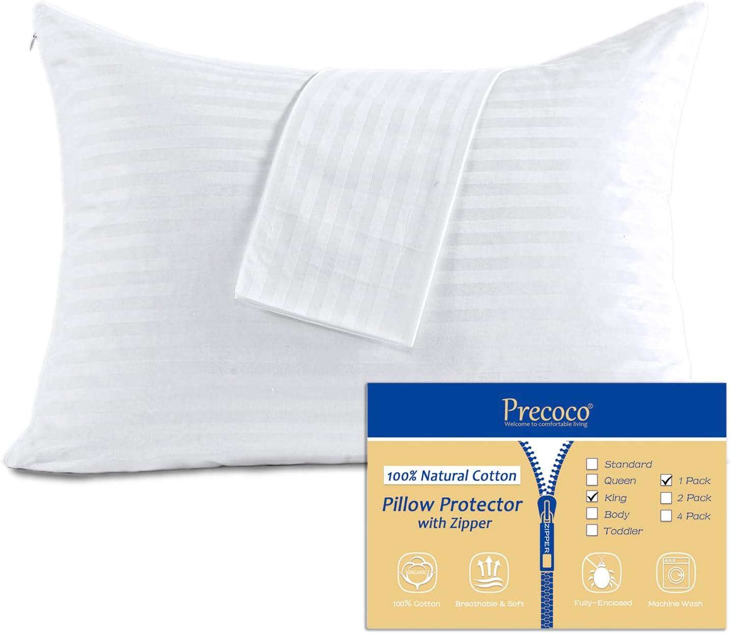 100% Cotton King Pillow Protectors with Zipper, White Pillow Cases King Size for Home & Hotel, Sateen Soft Cooling Hidden Zippered Pillow…
