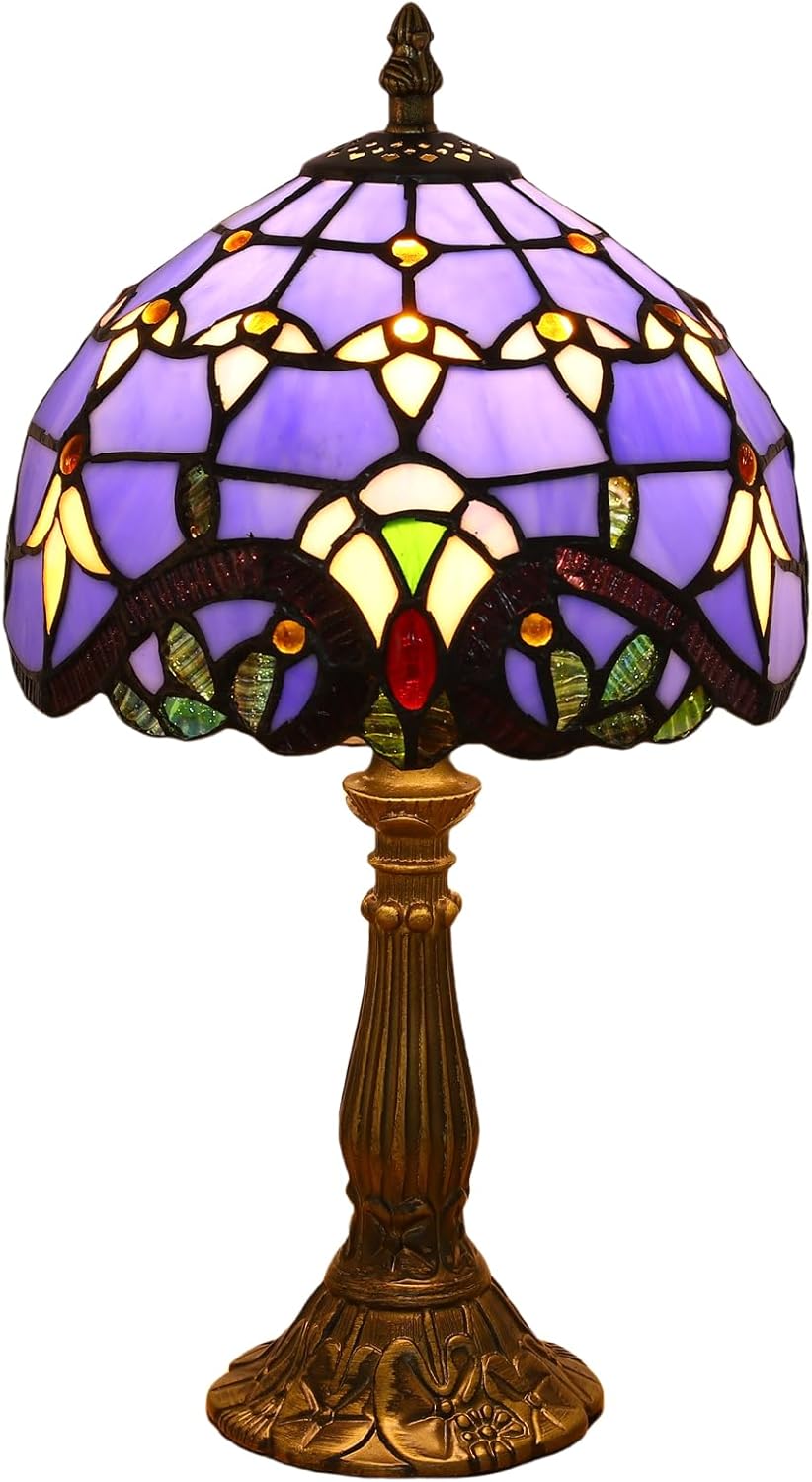 Tiffany Style Table Lamp, Blue Baroque Style Stained Glass Lamp, 8 Inch Small Antique Lamp, for Bedside Nightstand Bedroom Living Room…
