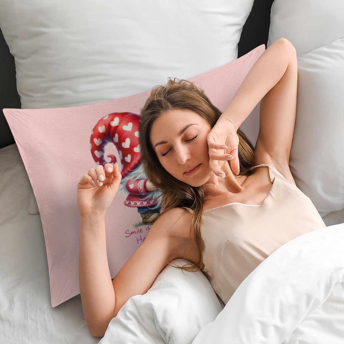 Valentine Pink Rose Gnomes Satin Pillowcase for Hair and Skin Soft Silk Pillow Case with Envelope Closure Cooling Pillow Cases Slip…