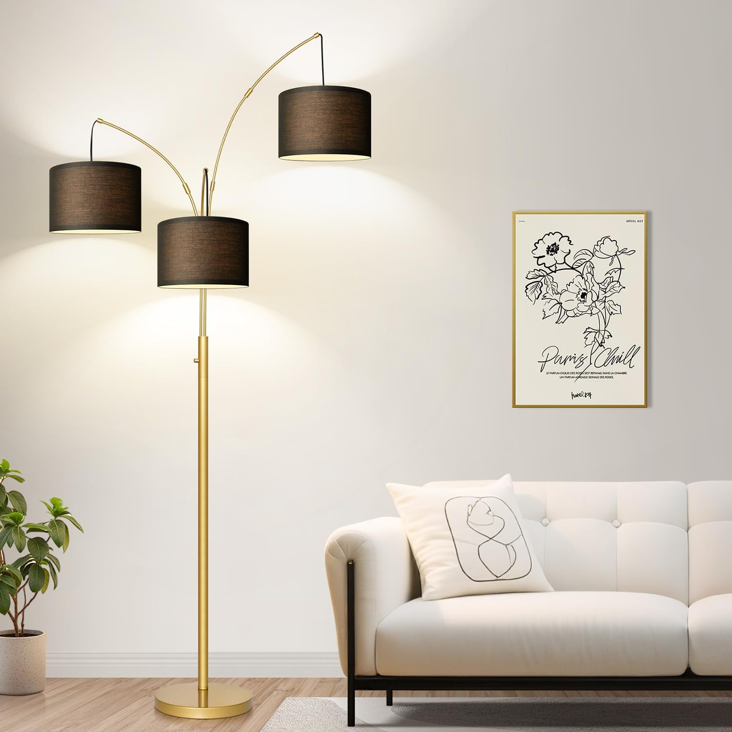 Dimmable Floor Lamp - 3 Lights Gold Arc Floor Lamps for Living Room, 1000LM Modern Tall Standing Lamp With Black Shades&Heavy Base, Mid…