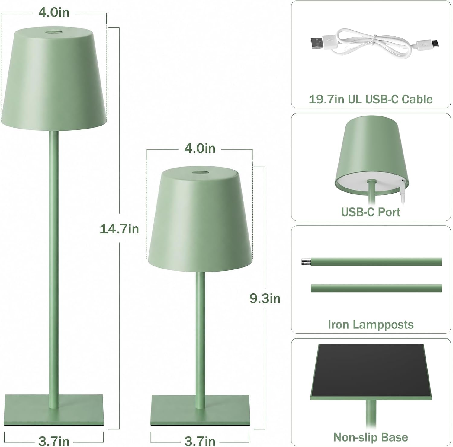 Kakanuo Green Cordless Rechargeable Table Lamp, 2 Pack Portable Desk Lamp with 5000mAh Battery, Touch Control Stepless Dimming, Wireless…