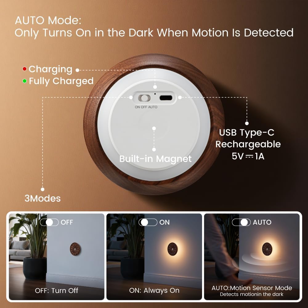 Wood Flower Motion Sensor Night Light, Mini Lamp with Embossed 3D Floral Surface, Rechargeable Warm Light, Stick-On Magnetic Mount for…