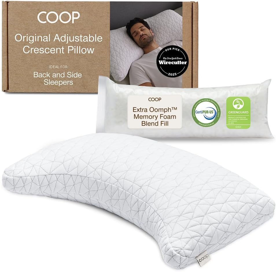 Coop Home Goods Original Crescent Adjustable Pillow, Queen Bed Pillows for Shoulder, Neck & Head Support, Crescent Foam Pillows - Medium…