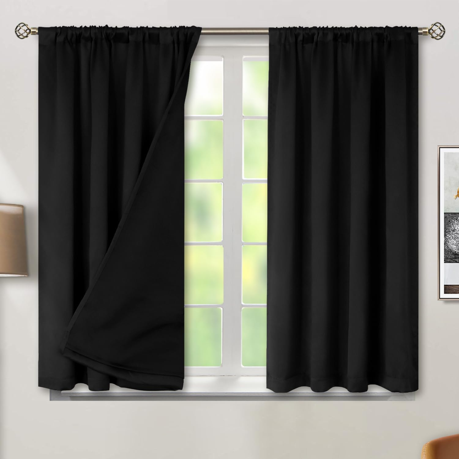 BGment Black Black Out Curtains for Bedroom Window 2 Panels Set, Bedroom Curtains Double Layer 100% Room Darkening Thermal Insulated Rod…