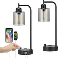 Industrial Desk Lamps for Office Set of 2 - Fully Dimmable Bedside Lamps with USB A C Ports and Outlet, Black Nightstand Lamps with Grey…