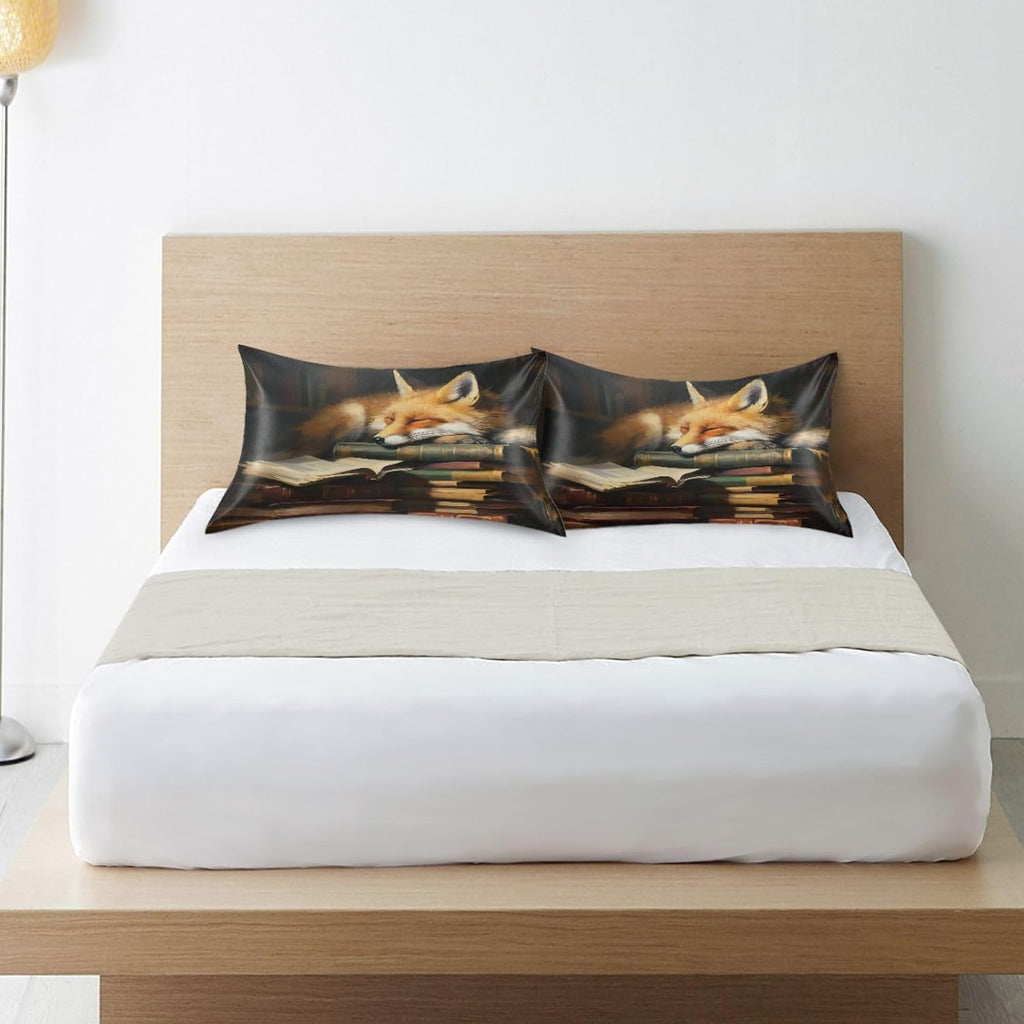Fox Cartoon Pillow Covers Silk Pillowcase for Hair and Skin Soft and Smooth Cooling Satin Pillowcase Queen Size Pillow Case for Women…