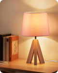 Pink Table Lamp, Small Tripod Table Lamp, Boho Bedside Lamp with Pink Linen Shade & Wood Base, Modern Nightstand Lamps, Little Cute Desk…