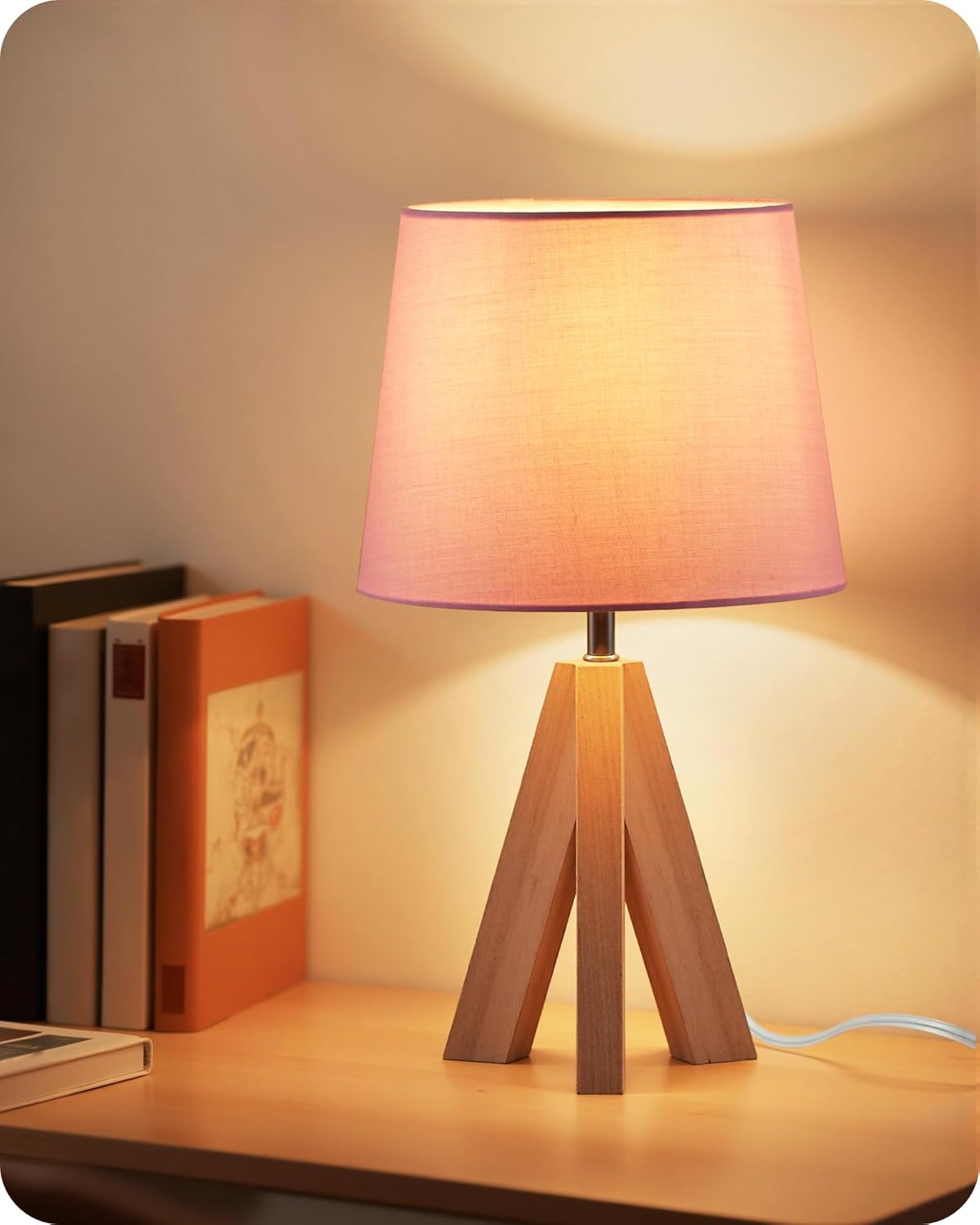 Pink Table Lamp, Small Tripod Table Lamp, Boho Bedside Lamp with Pink Linen Shade & Wood Base, Modern Nightstand Lamps, Little Cute Desk…