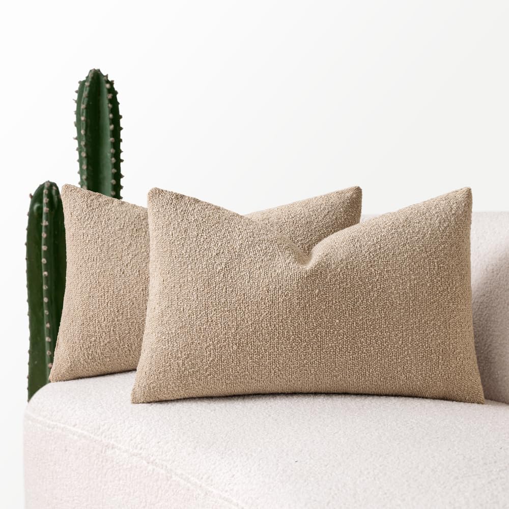 Miulee 12x20 Inch Decorative Lumbar Pillow Covers for Bed Set of 2 Textured Boucle Neutral Throw Pillow Covers Taupe Khaki Camel Accent Sol…