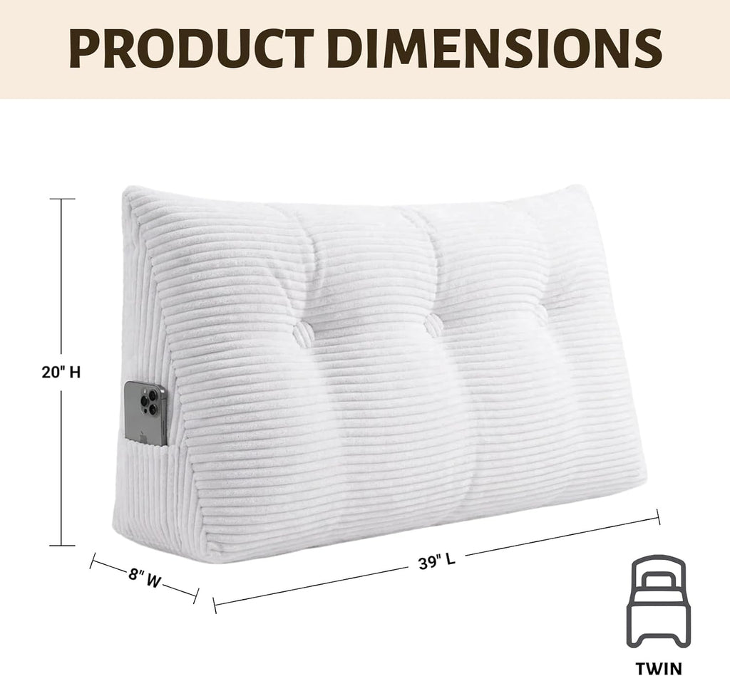 Wedge Reading Pillow Headboard Twin Size, Headboard Bolster Pillow for Bed, Triangular Backrest Cushion with Removable Corduroy Cover, White