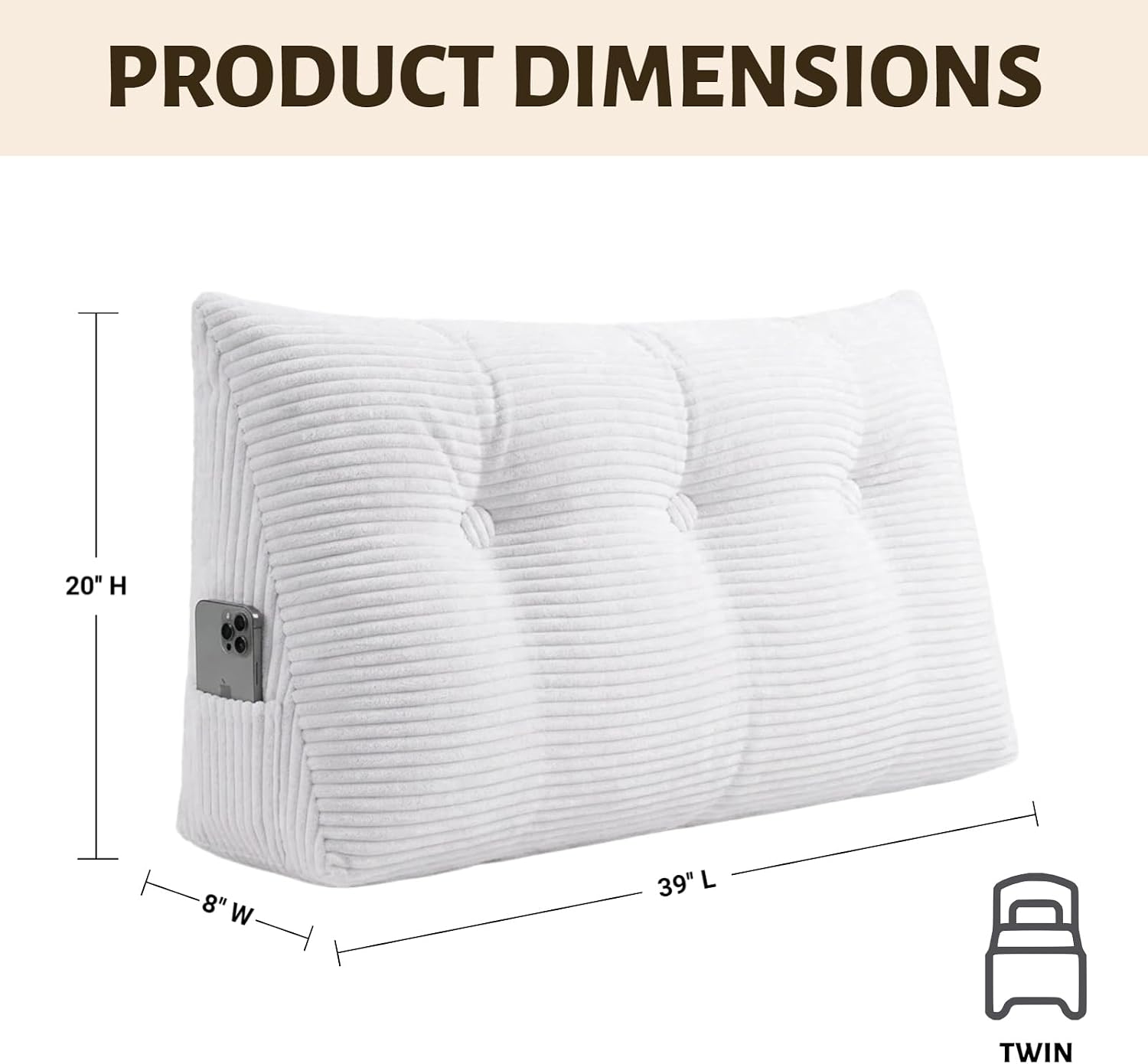 Wedge Reading Pillow Headboard Twin Size, Headboard Bolster Pillow for Bed, Triangular Backrest Cushion with Removable Corduroy Cover, White