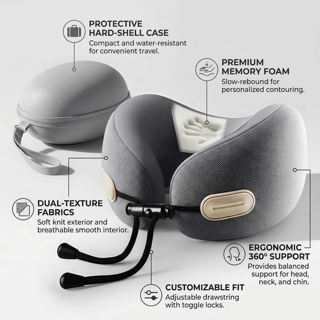 Ziurfys Travel Neck Pillow with Storage Case, 100% Pure Memory Foam, Airplane Head Support for Flight Sleeping, Portable, Gray Gray