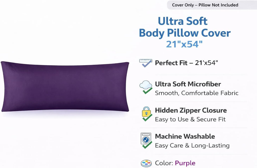 EVOLIVE Body Pillow Cover 21"x54", Ultra Soft Microfiber Pillowcase with Hidden Zipper, Breathable, Machine Washable, for Pregnancy &…