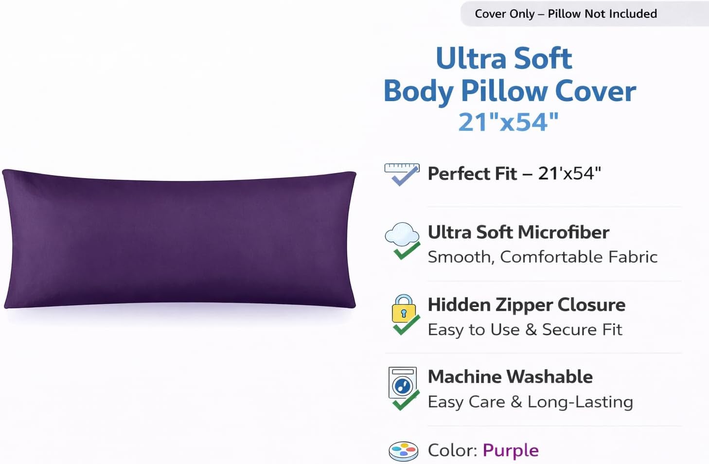 EVOLIVE Body Pillow Cover 21"x54", Ultra Soft Microfiber Pillowcase with Hidden Zipper, Breathable, Machine Washable, for Pregnancy &…