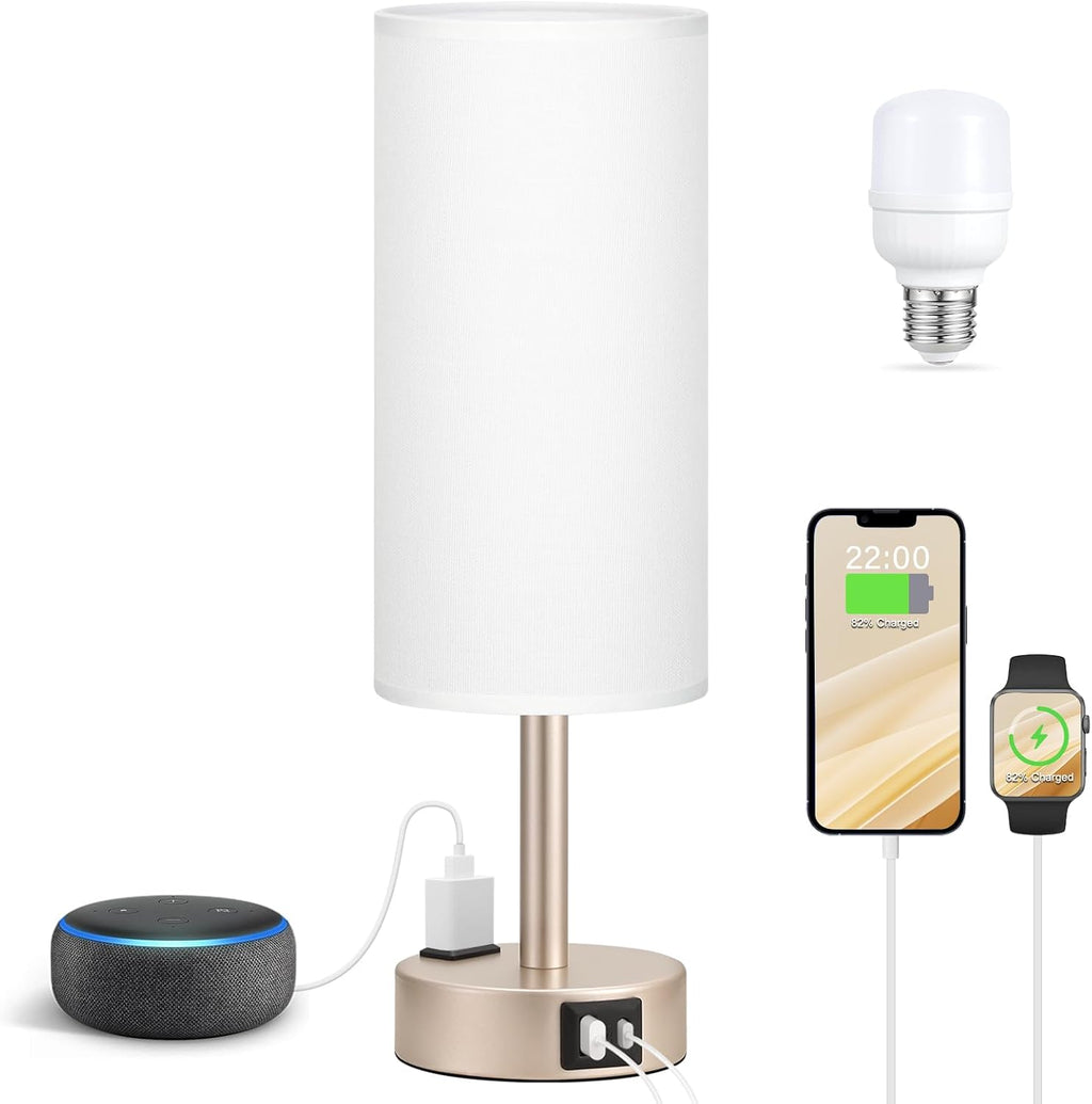 Antique White Bedside Table Lamp for Bedroom - 3 Way Dimmable Touch Lamp USB C Charging Ports and AC Outlet, Small Lamp Gold Base Round…