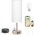 Antique White Bedside Table Lamp for Bedroom - 3 Way Dimmable Touch Lamp USB C Charging Ports and AC Outlet, Small Lamp Gold Base Round…
