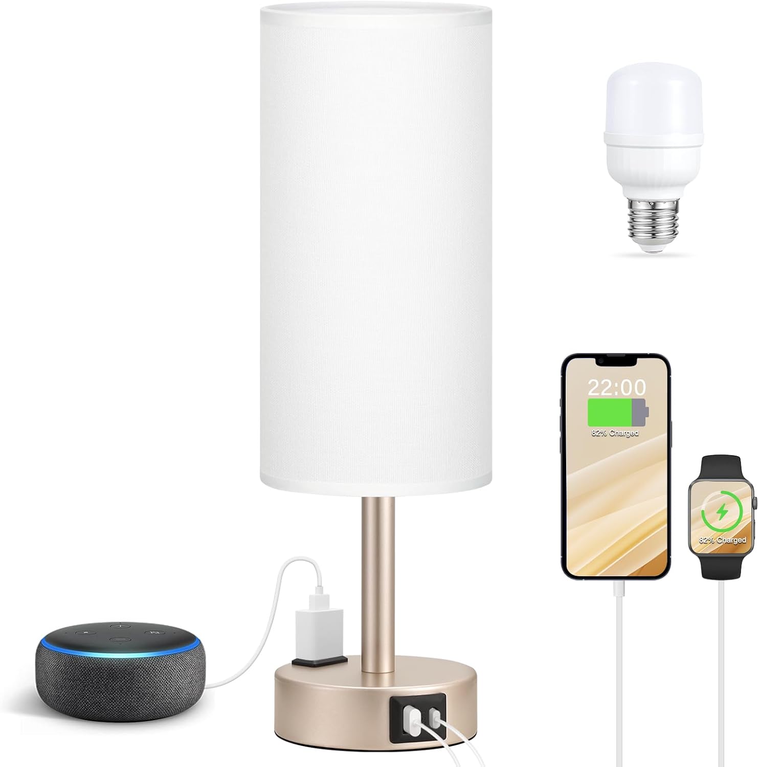 Antique White Bedside Table Lamp for Bedroom - 3 Way Dimmable Touch Lamp USB C Charging Ports and AC Outlet, Small Lamp Gold Base Round…