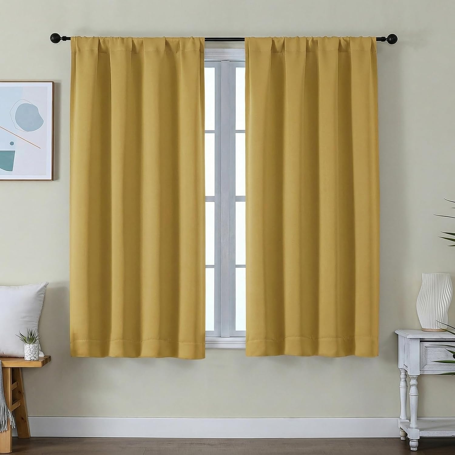 Simplebrand Ava Bright Gold Short Blackout Curtains for Bedroom 54 Inches Long 2 Panels Set, Solid Thermal Insulated, Energy Saving Window…