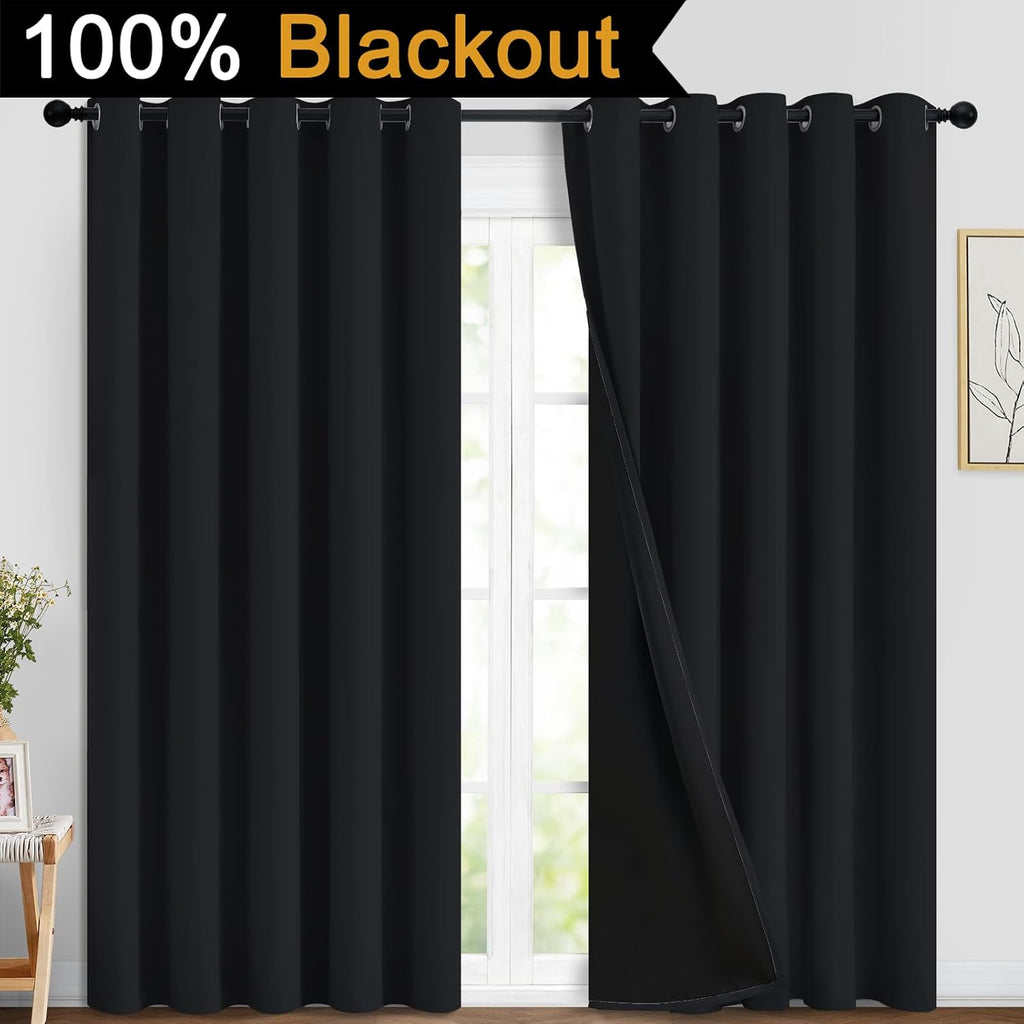 Yakamok 84 Inch Length 100% Blackout Curtains for Bedroom, 2 Thick Layers Thermal Insulated Grommet Total Blackout Drapes with Black Liner…
