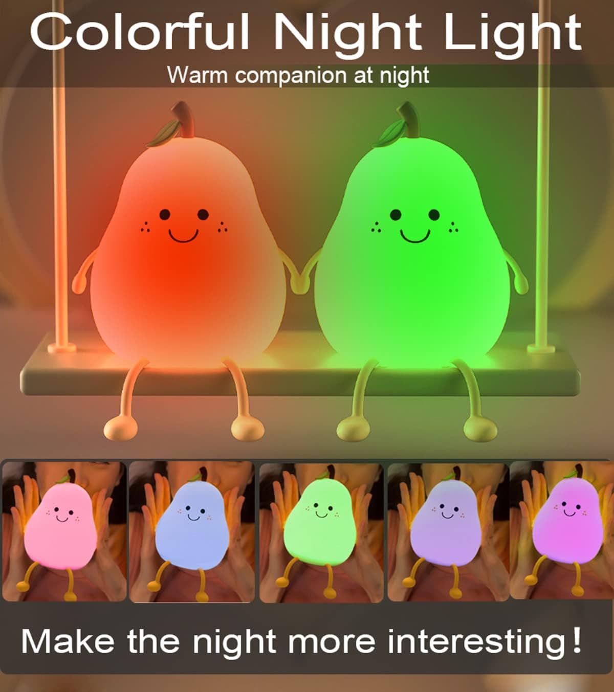 Happybag Cute Silicone Night Light for Kids, Dimmable Nursery Pear Lamps, Kawaii Room Decor Fruit Night Light Bedside Lamp for Baby and Toddl…