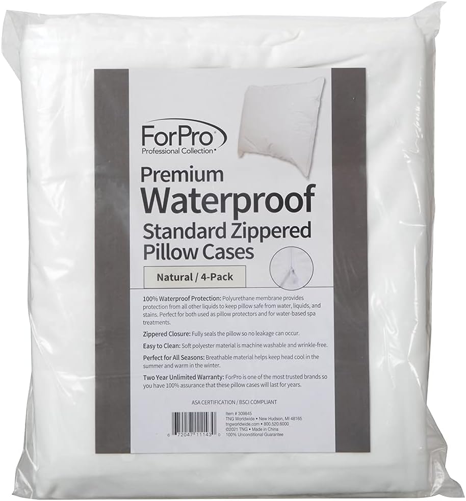 ForPro Professional Collection Premium Waterproof Pillow Protectors, Standard Size Pillow Cases with Zipper, Natural, 4-Count