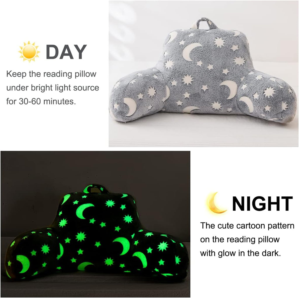 Holawakaka Glow in The Dark Reading Pillow for Sitting up in Bed Sofa Kids Teens, Luminous Moon Stars Backrest Pillow with Arms for Boys…