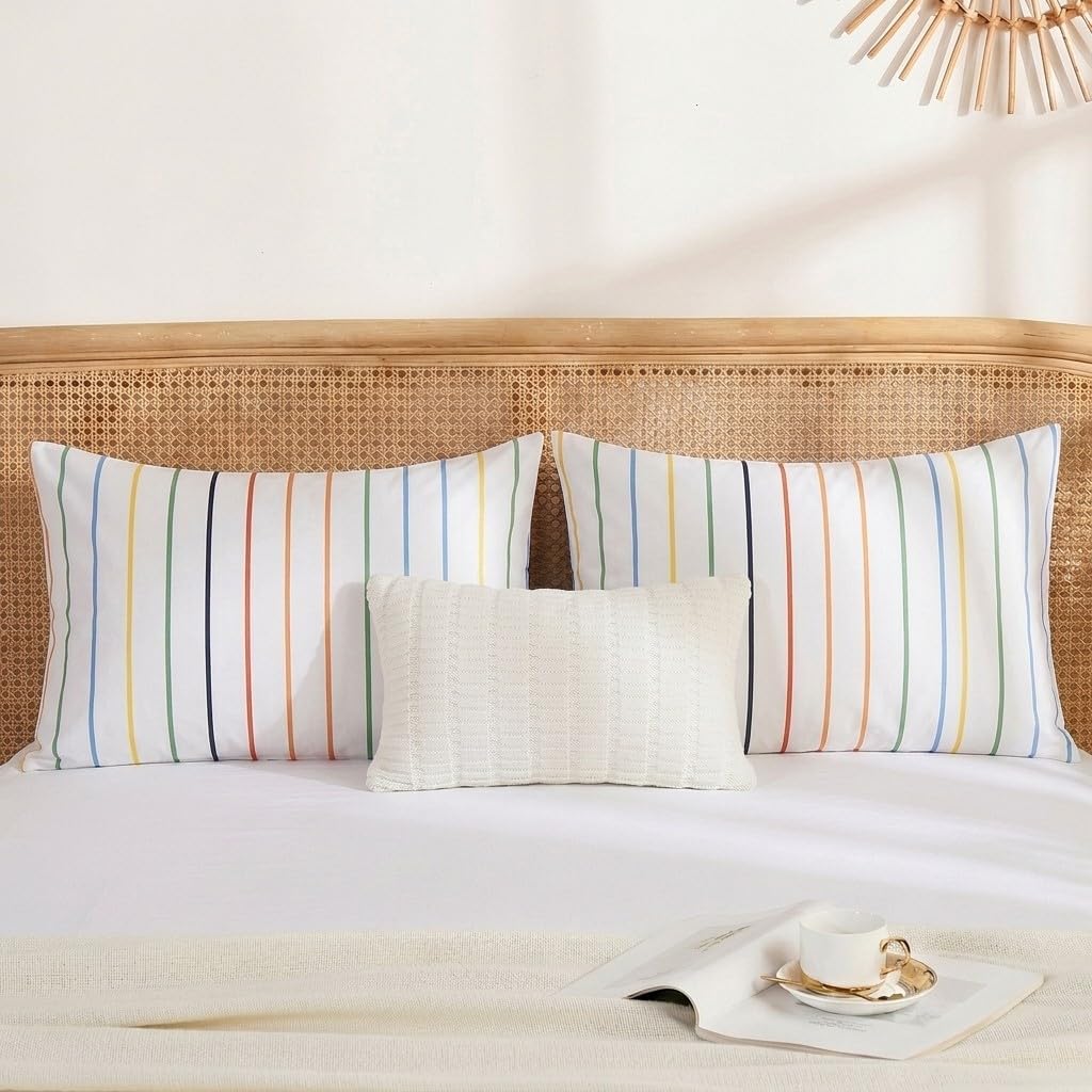 Merryword King Size Pillowcases, 100% Cotton Pillow Cases, Rainbow Striped Pillowcases, Soft Breathable Pinstripe Pillow Covers, Set of 2 C…