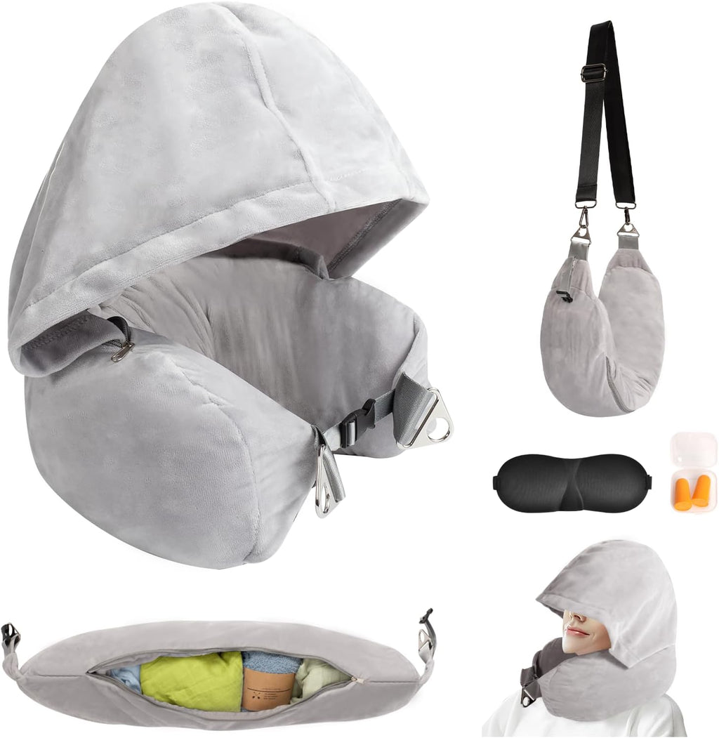 DreamShore Stuffable Neck Pillow for Travel with Hood - Adjustable Velvet Travel Pillow with Earplugs & Eye Mask, Ultimate Carry-On…