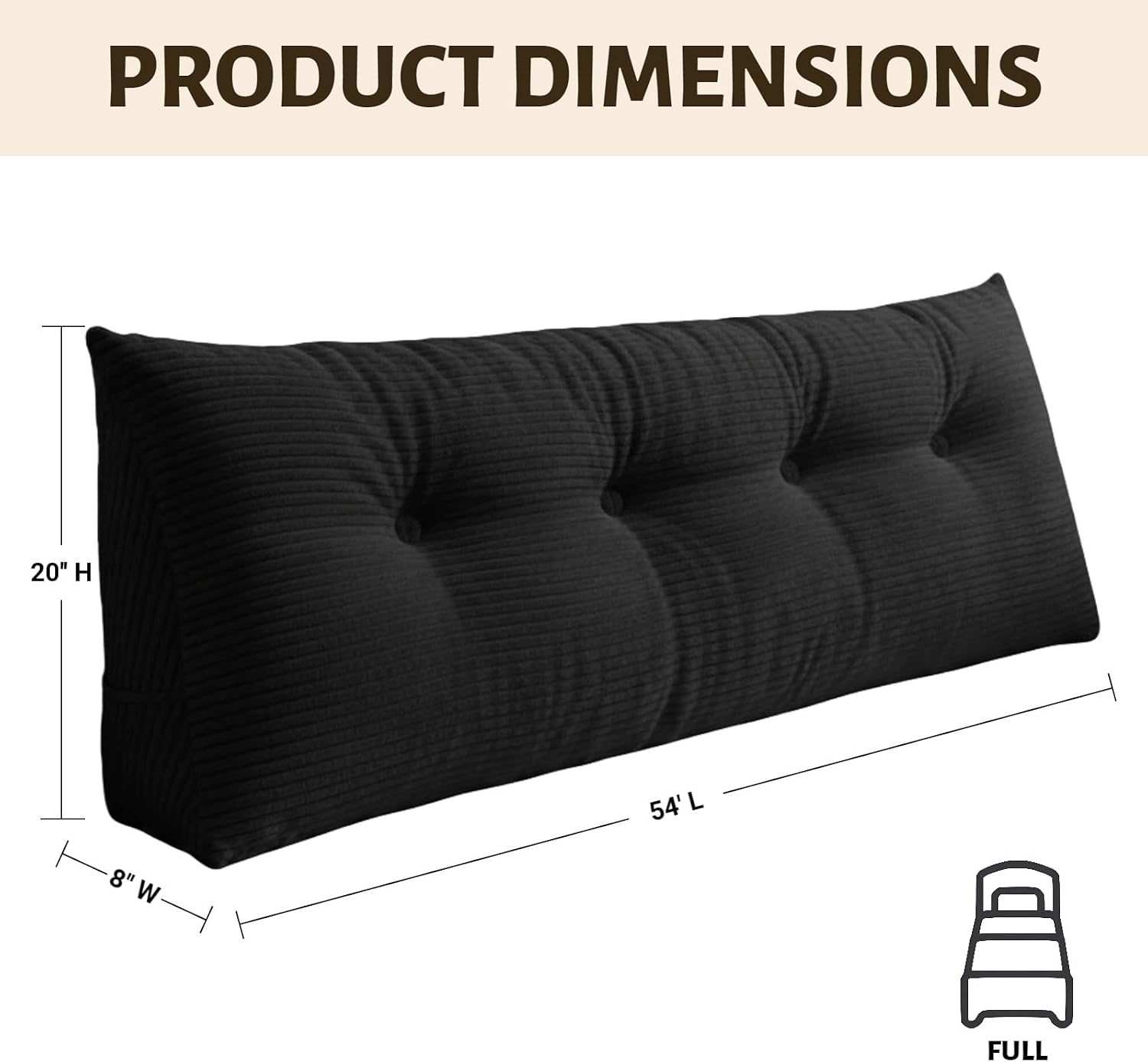 Wedge Reading Pillow Headboard Full Size, Headboard Bolster Pillow for Bed, Triangular Backrest Cushion with Removable Corduroy Cover, Black