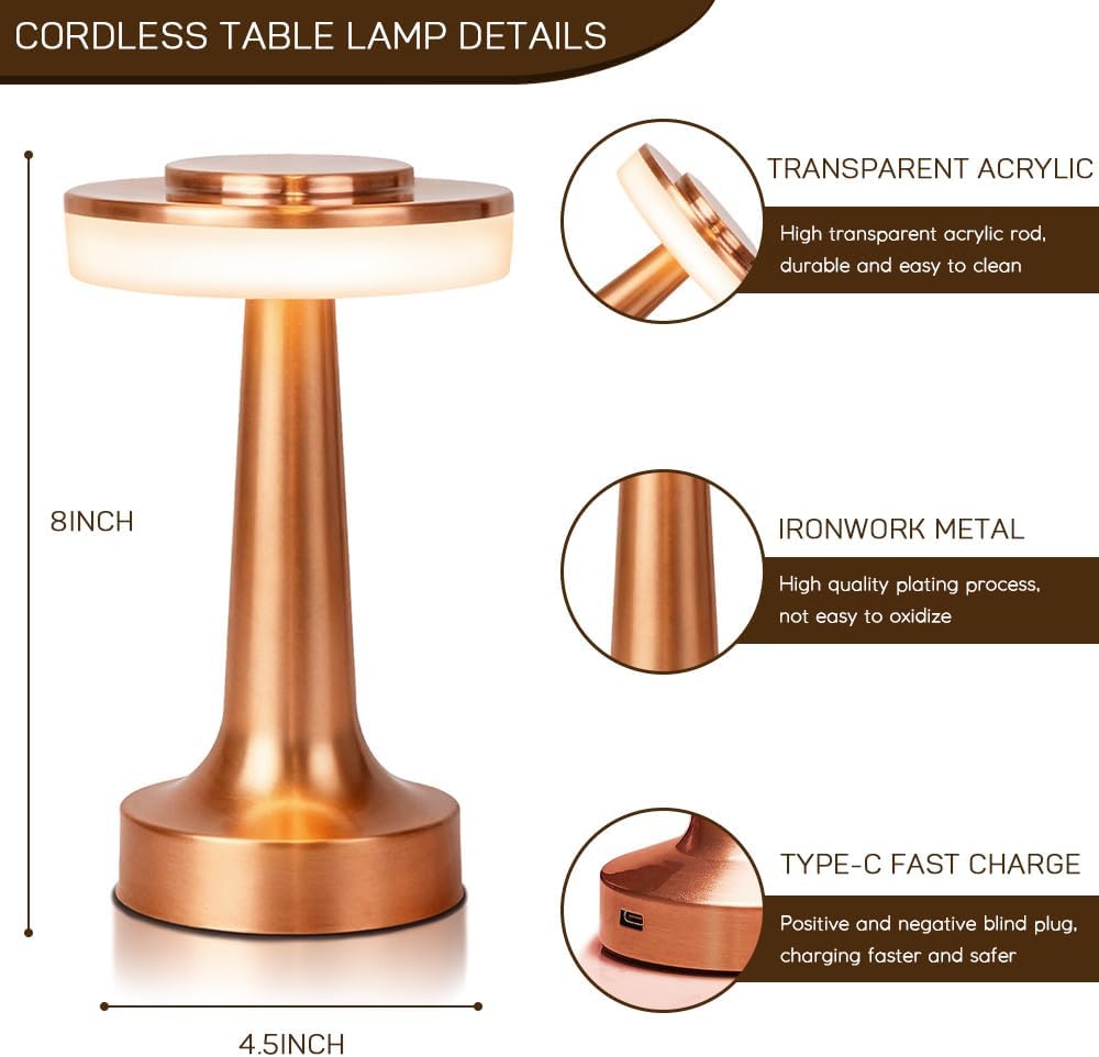 Jhpgeoe Cordless Metal Desk Lamp, Touch Sensor Control LED Table Lamp,3 Color Stepless Dimmable Battery Powered Lamp for Living Room, Dorm,…