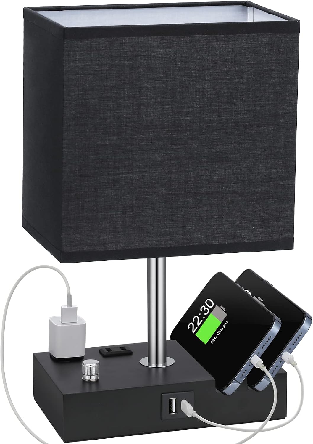 Kakanuo Table Lamp for Bedroom with Dual USB Ports, Fully Dimmable Black Bedside Lamp with Phone Stands and 2 Charging Outlets, Desk Lamp…