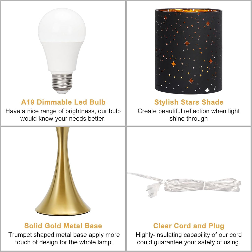 Touch Lamp for Bedroom, 3 Way Dimmable Gold Table Lamp with Black Starry Shade, Decorative Nightstand Lamp Ambient Beside Light for…