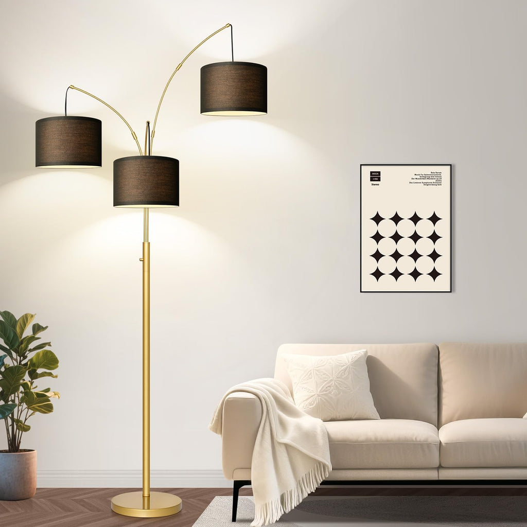 Dimmable Floor Lamp - 3 Lights Gold Arc Floor Lamps for Living Room, 1000LM Modern Tall Standing Lamp With Black Shades&Heavy Base, Mid…