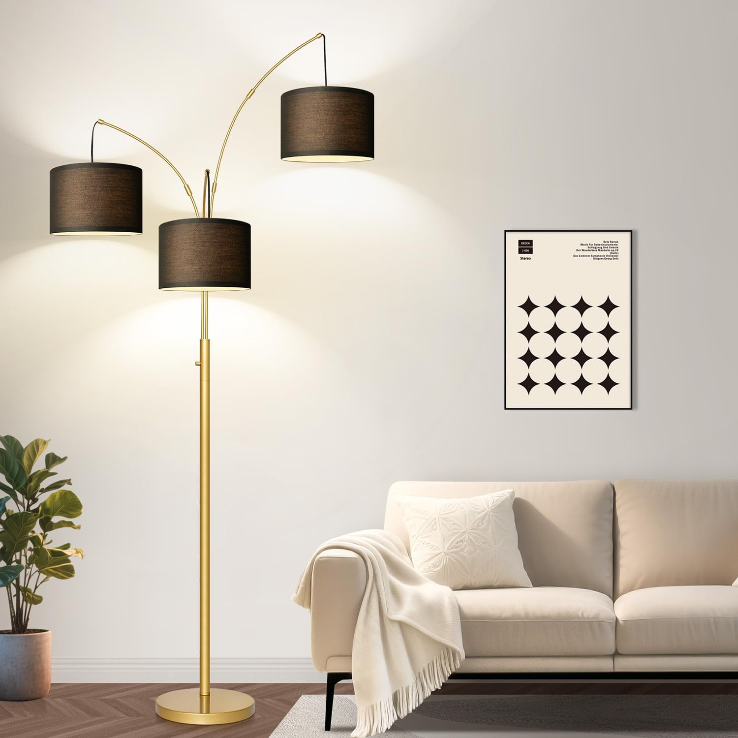 Dimmable Floor Lamp - 3 Lights Gold Arc Floor Lamps for Living Room, 1000LM Modern Tall Standing Lamp With Black Shades&Heavy Base, Mid…