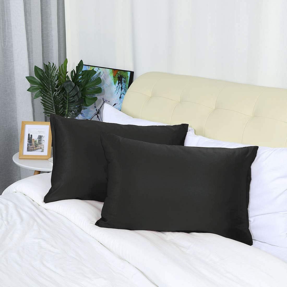 uxcell King Satin Pillowcase with Zipper, Super Soft and Luxury, Silky Pillow Cases Covers Set of 2, 21"x37", Black