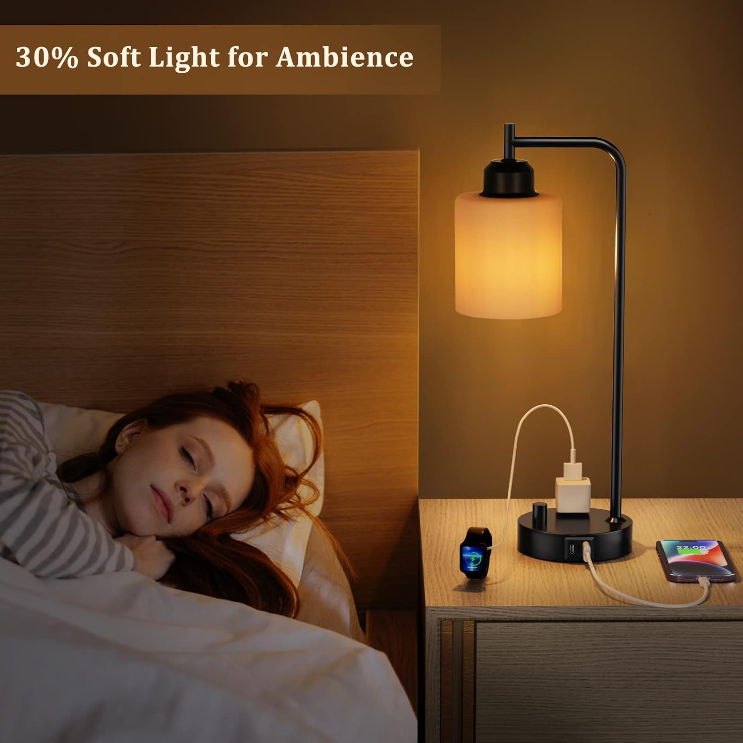 Industrial Bedroom Table Lamps for Bedside - White Opal Glass Shade Desk Lamps with USB C Port, Fully Dimmable Black Lamps with USB Port…