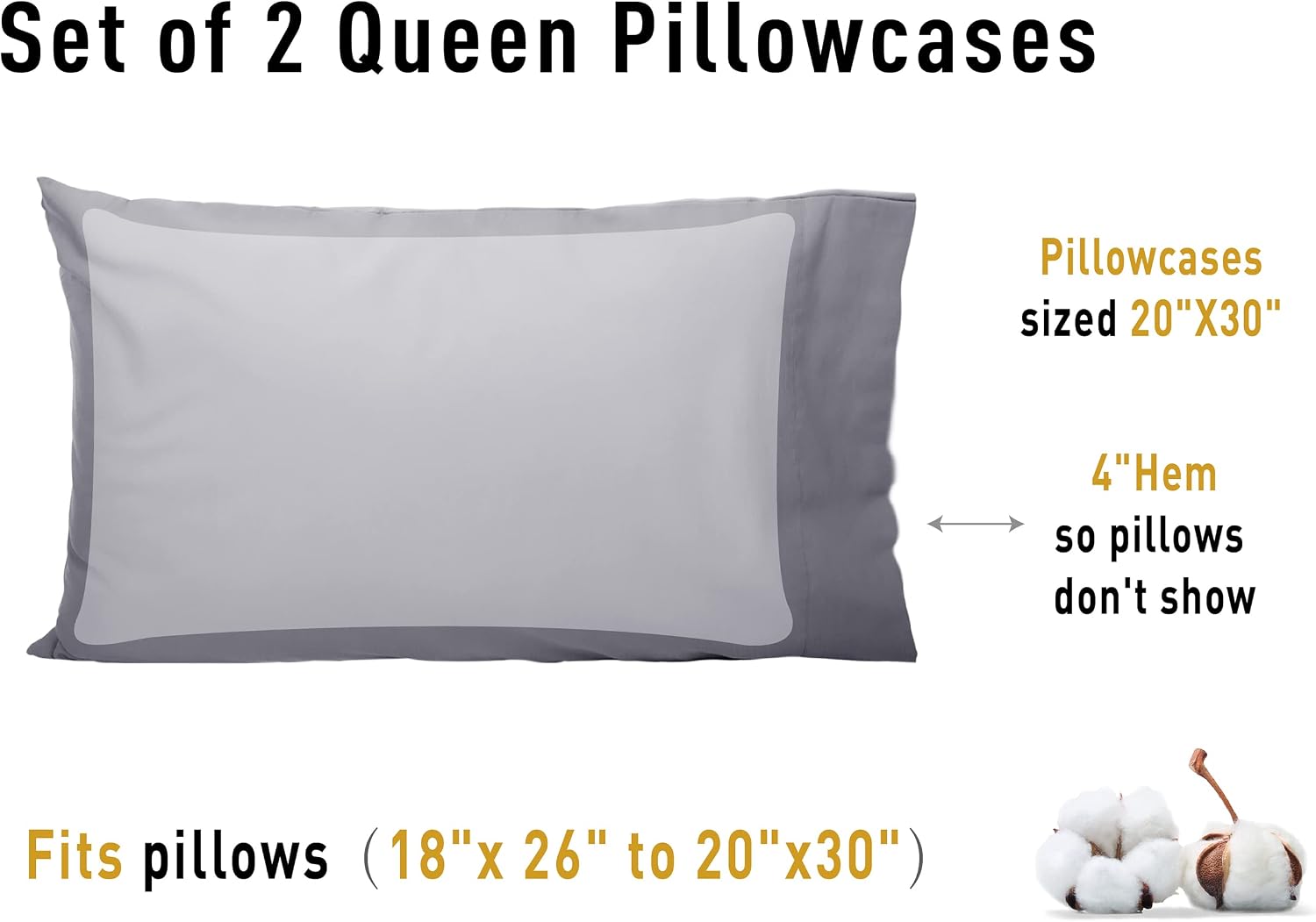 Sunflower Queen Pillowcases Set of 2, 100% Cotton Queen Pillow Cases 2, 20×30 inches Frost Gray, Soft and Breathable